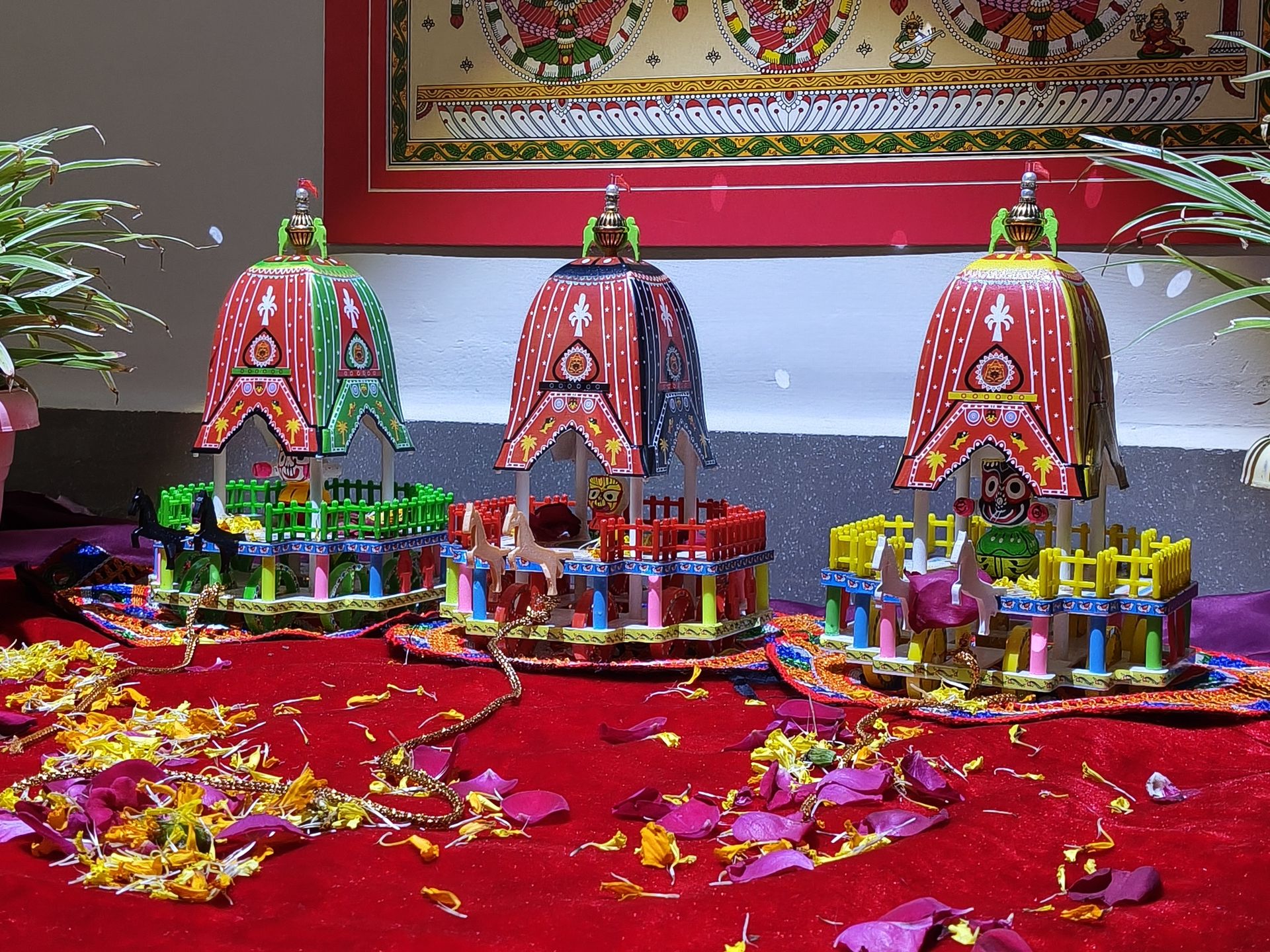 Miniature Jagannath Rath Set of three chariots displayed for explaining Puri Ratha Yatra to kids and parents